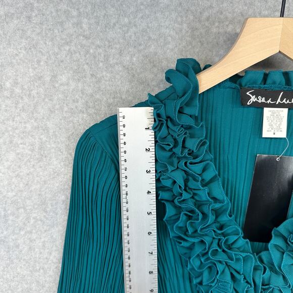 Susan Lucci Blouse Top Womens Medium Teal Green 100% Polyester Pleated Ruffled - Picture 10 of 15